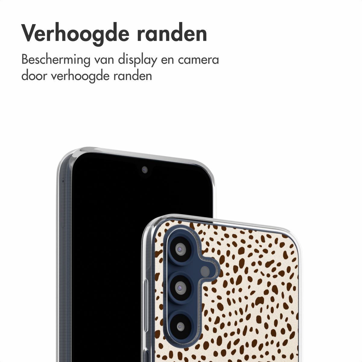Téléphone et coque. La coque a un fond crème avec des points marrons. Le téléphone est noir.