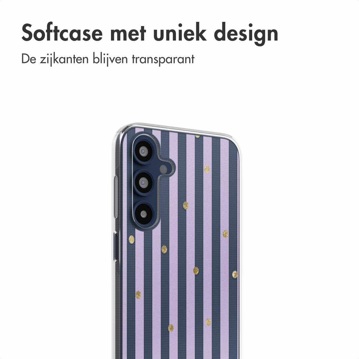 Een transparant telefoonhoesje met een roze bloemenpatroon. De achterkant van een telefoon is zichtbaar.