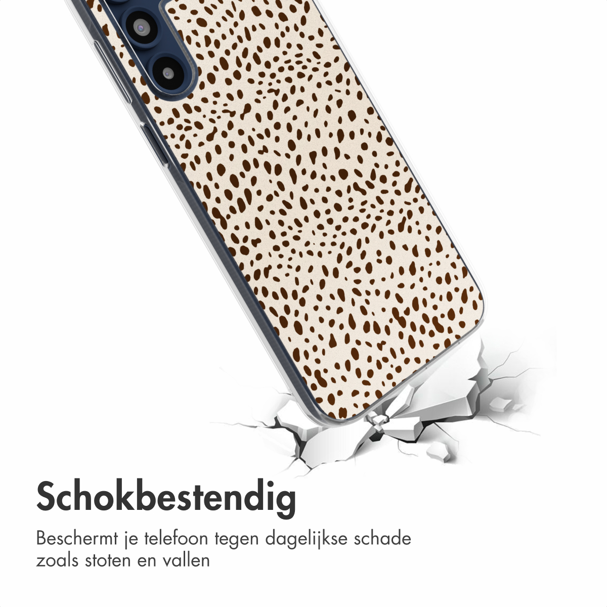Coque de téléphone avec motif à pois marron, cassant du béton. Texte dit antichoc, protégeant contre les dommages.