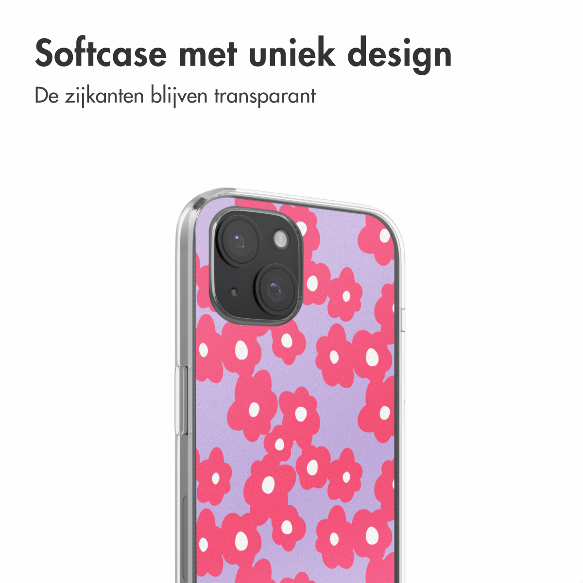Telefoonhoesje met roze bloemenpatroon.
