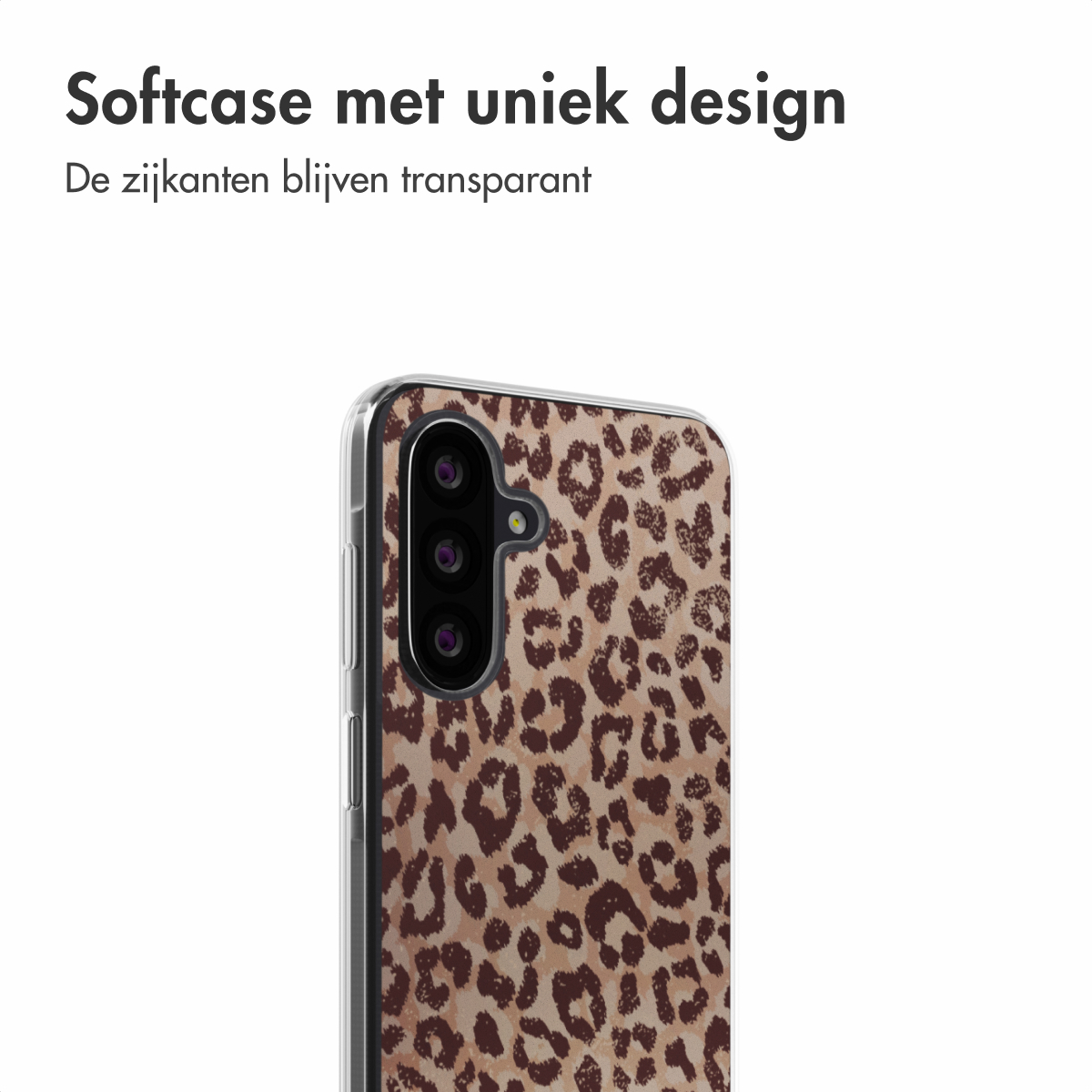 Coque transparente avec imprimé léopard. Fond sombre. Texte: Softcase met uniek design