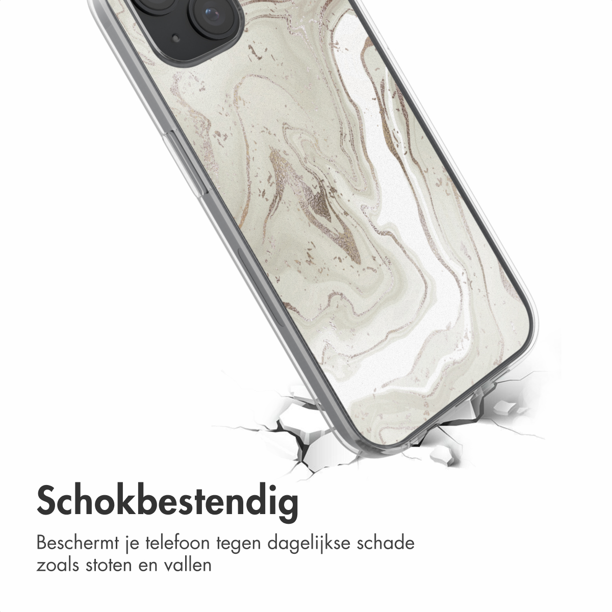 Een telefoonhoesje met een marmerontwerp wordt getoond, gebarsten grond eronder.