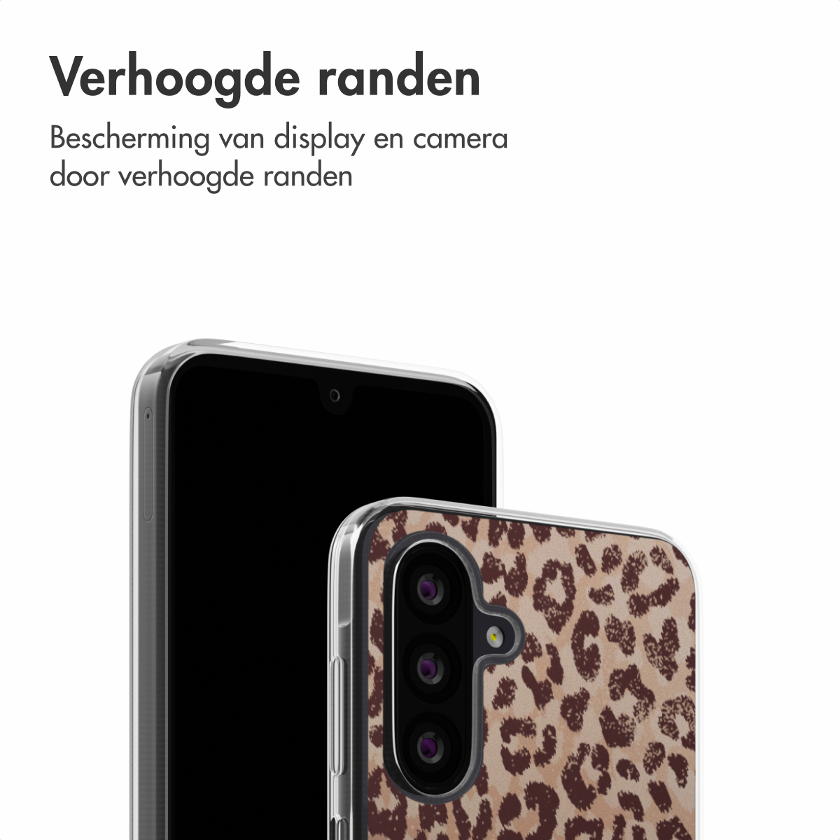 Téléphone et coque avec imprimé léopard. Fond blanc.