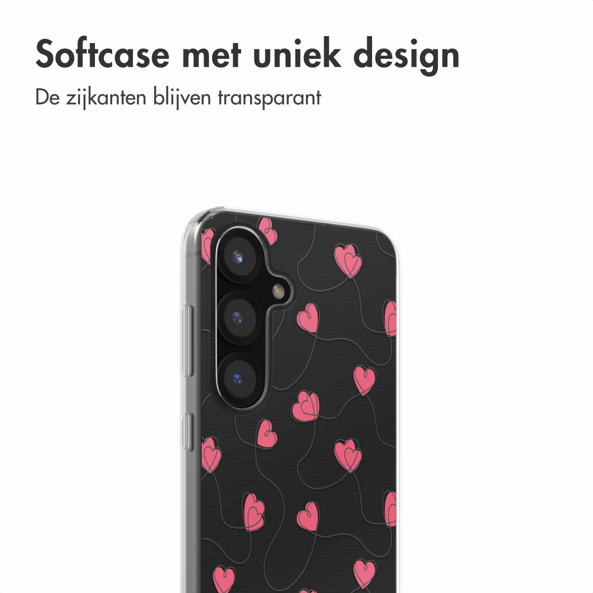 Coque de téléphone avec un motif de cœur, montrant la caméra du téléphone et un design unique.