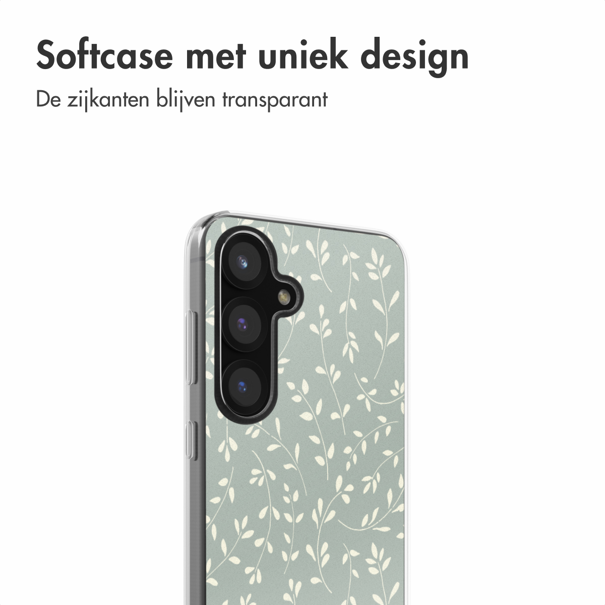 Coque de téléphone avec branches blanches sur fond vert clair, téléphone partiellement visible.