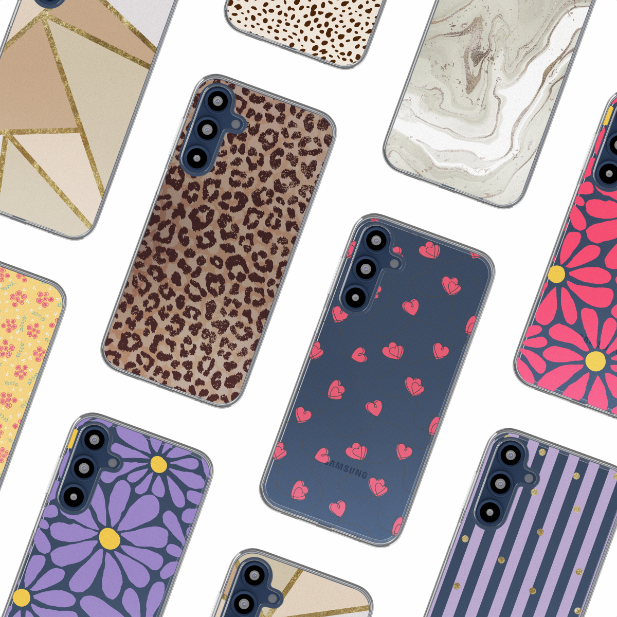 Coques de téléphone avec divers motifs, dont léopard, cœurs, rayures et motifs floraux, sur fond blanc.