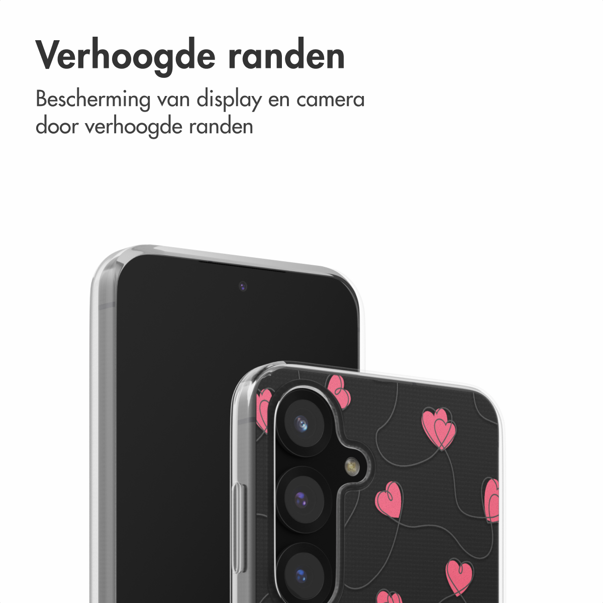 Un téléphone avec une coque de téléphone à motif de cœur sur fond noir.