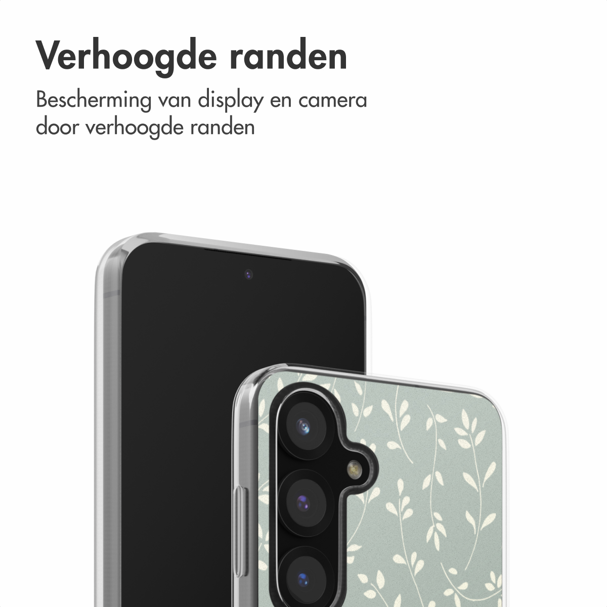 Téléphone dans un étui avec un design floral, montrant la caméra et les bords surélevés.
