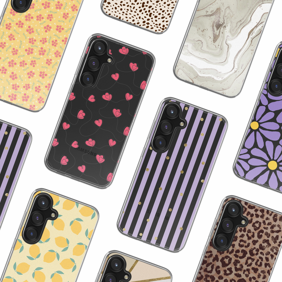 Une collection d'étuis de téléphone avec divers motifs : fleurs, rayures, léopard et formes géométriques.