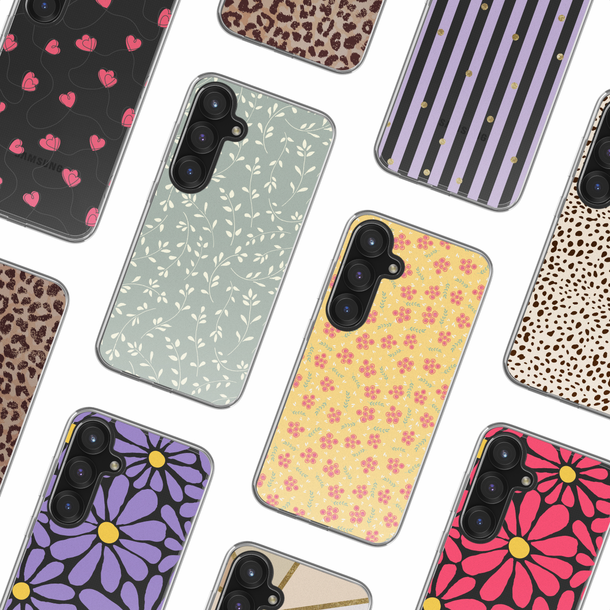 Téléphones avec divers étuis à motifs disposés sur une surface blanche. Les motifs incluent des fleurs, des rayures et des imprimés animaux.