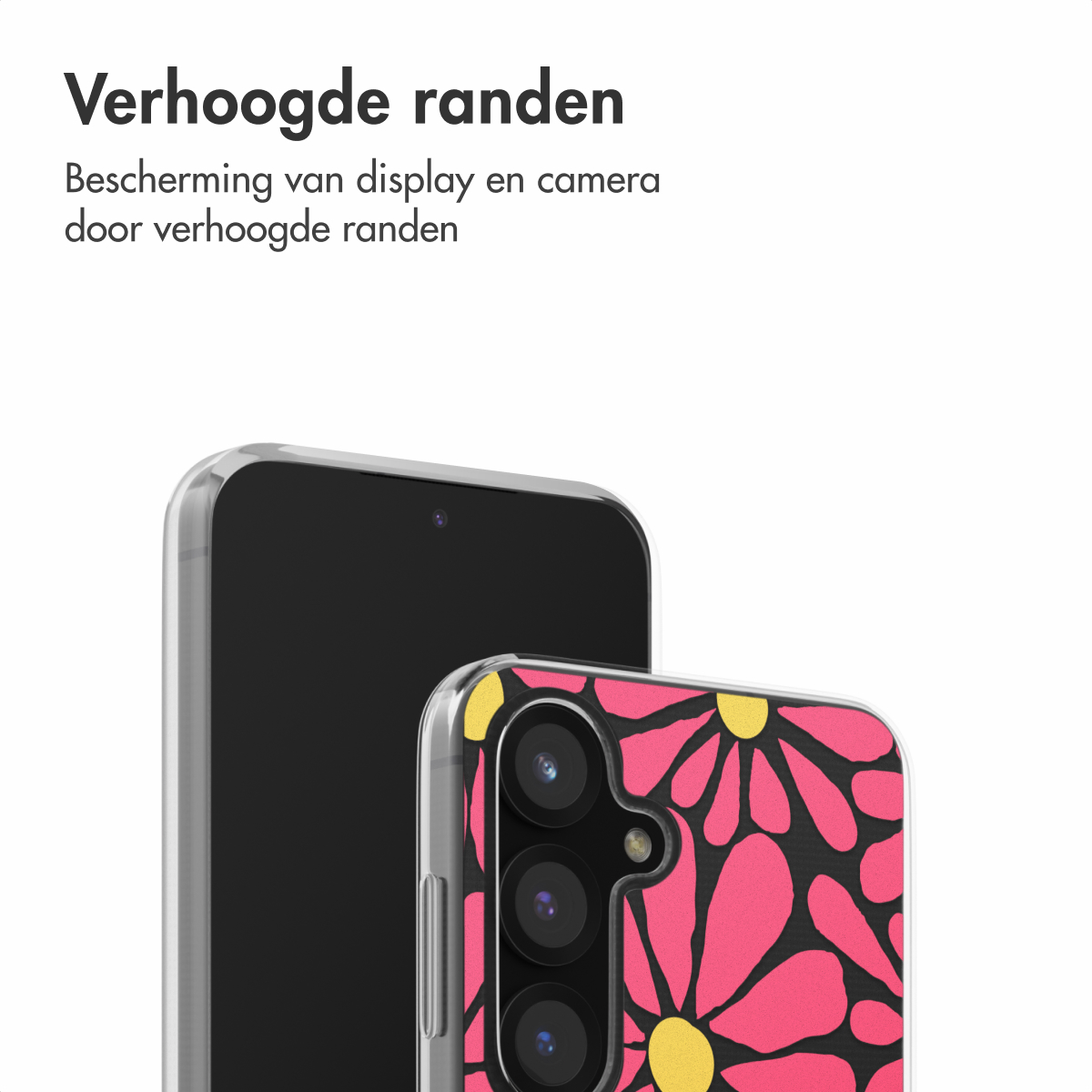 Twee telefoons, één met een doorzichtige hoes, roze madeliefbloemen, en de andere zwart.