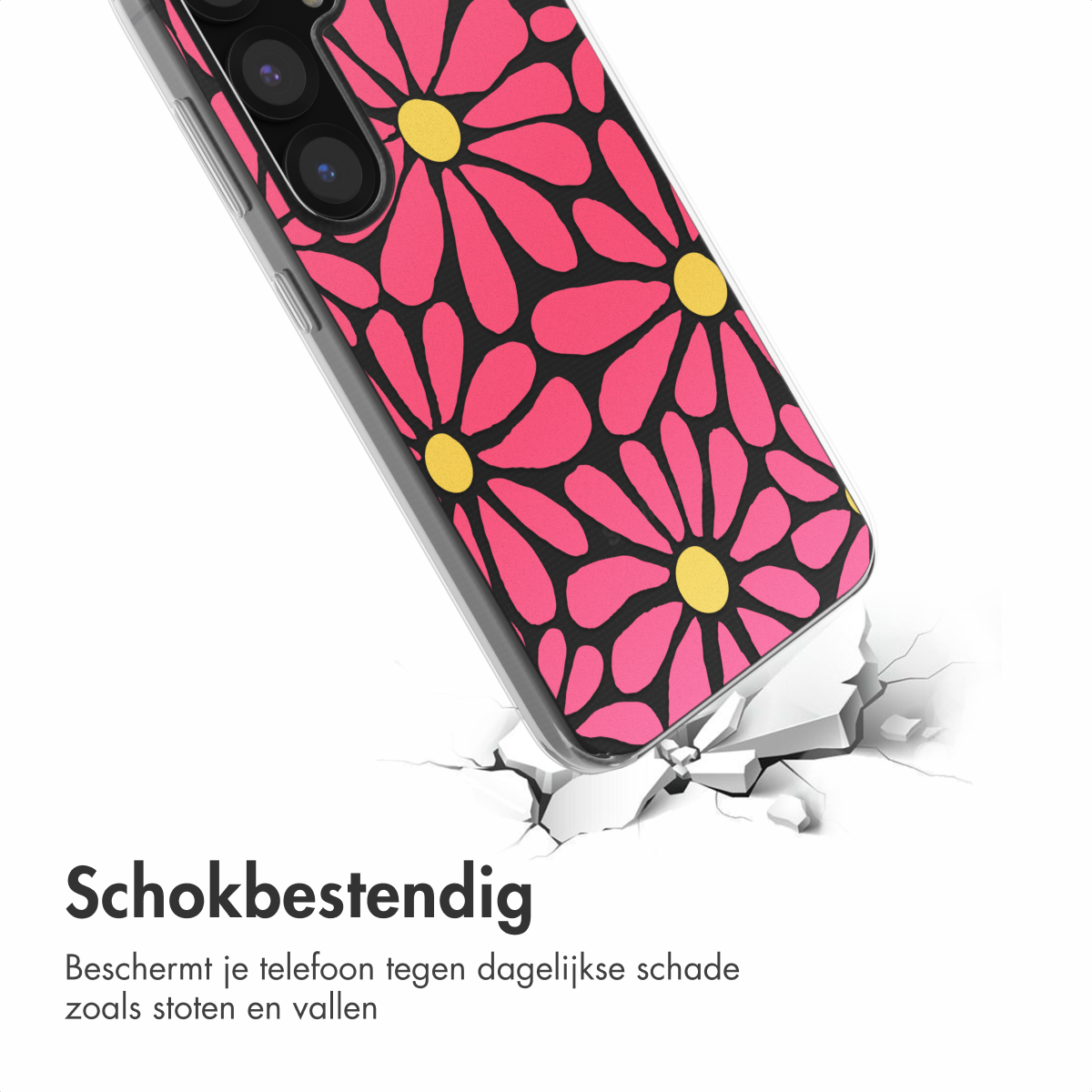 Roze bloemen telefoonhoes op gebarsten grond, benadrukt schokbestendigheid.