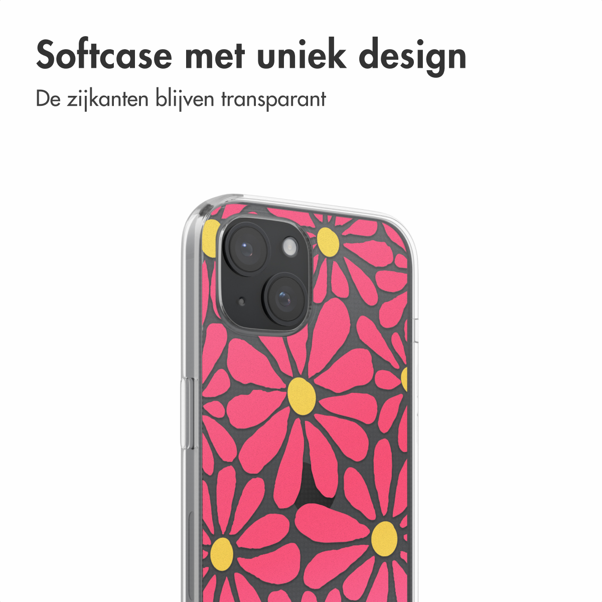 Transparante telefoonhoes met rode bloemen, gele centra. De camera is zichtbaar.