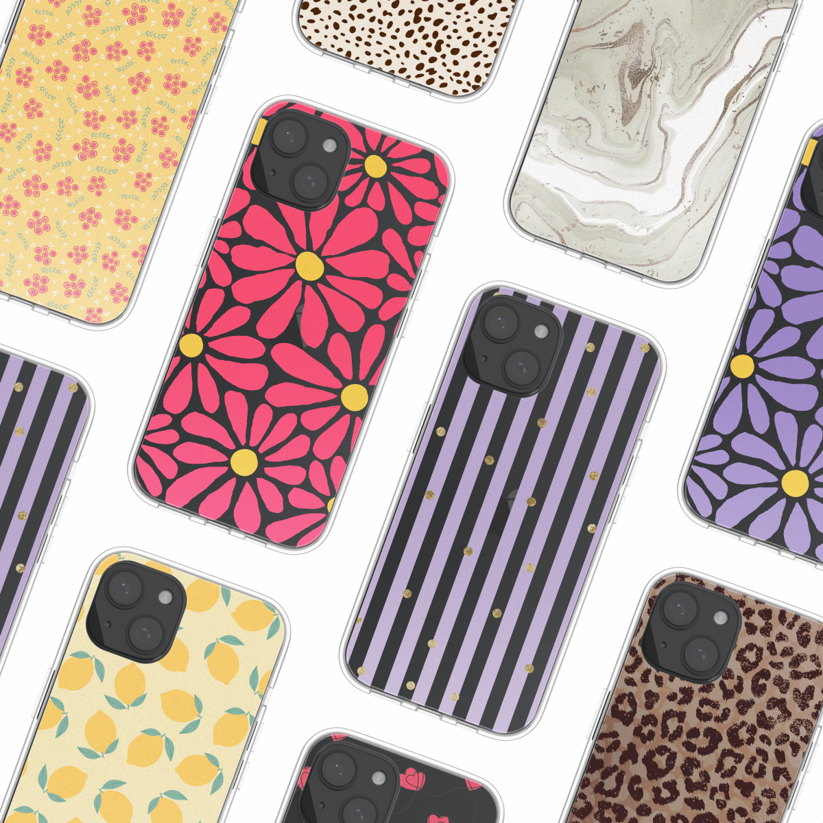 Verschillende telefoonhoesjes met verschillende patronen, waaronder bloemen, strepen en luipaardprint.