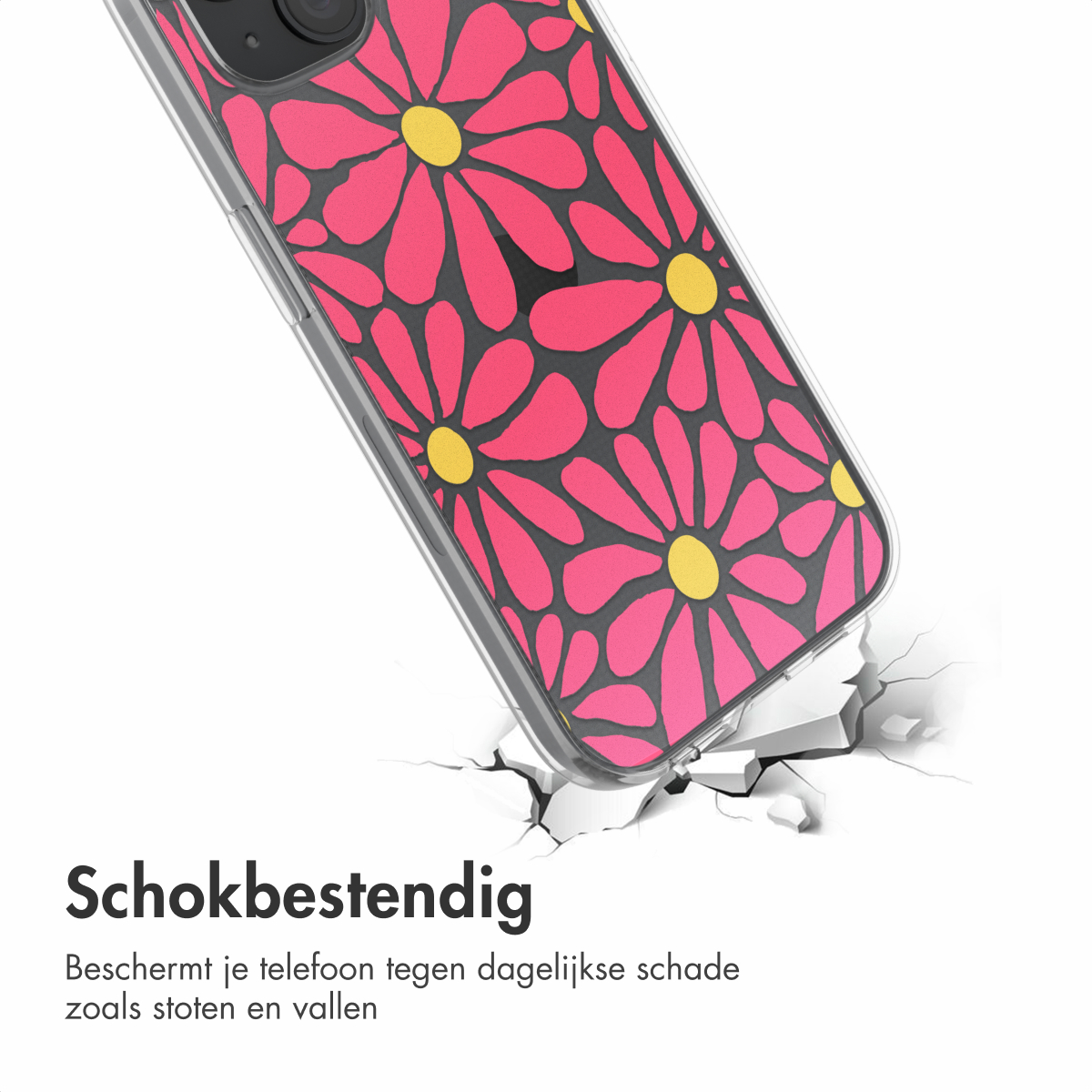 Een telefoonhoesje met een roze bloemmotief wordt getoond. Tekst over schokbestendigheid en bescherming tegen schade.