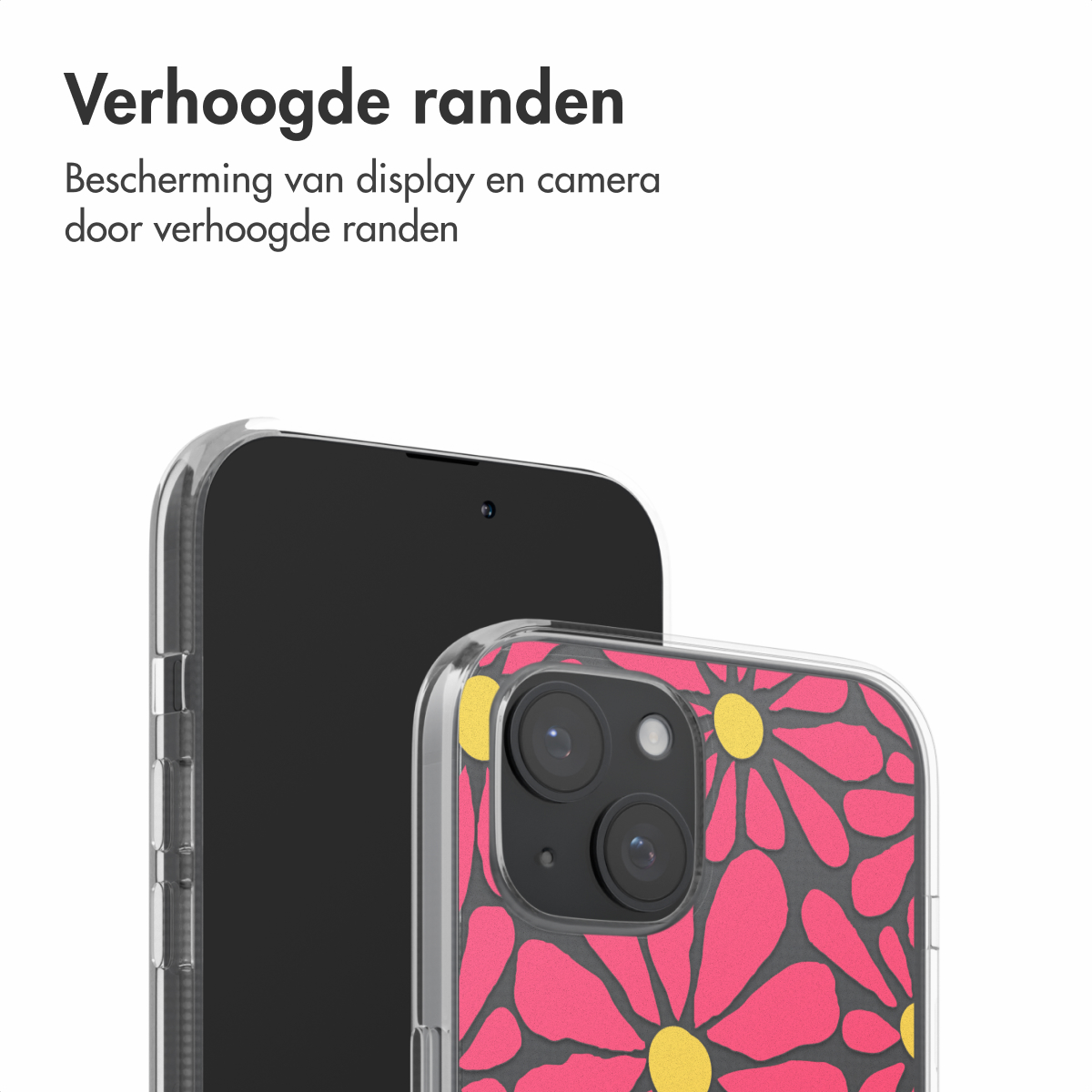Telefoon met hoesje, met een zwart scherm en een roze bloemenpatroon. Witte achtergrond.