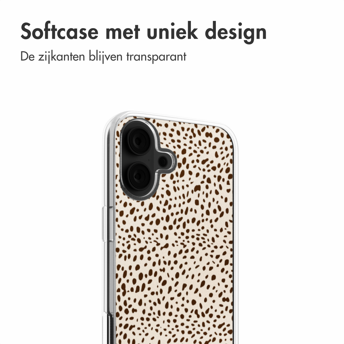 Handyhülle mit Dalmatiner-ähnlichem Muster auf beigem Hintergrund. Die Seite der Handyhülle ist transparent.
