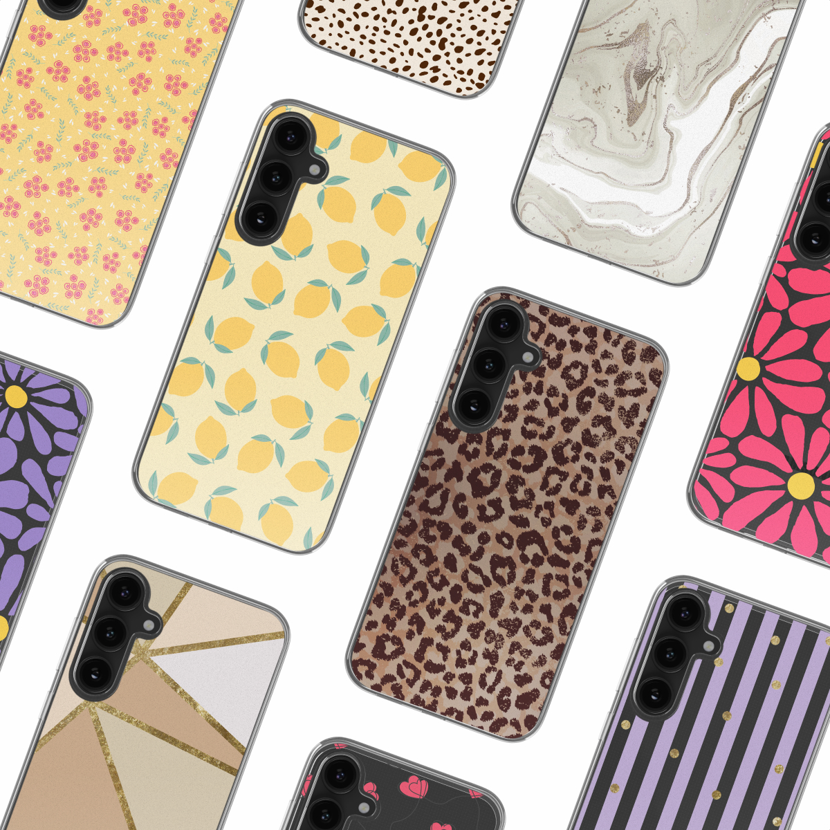 Verschillende telefoonhoesjes met verschillende ontwerpen: bloemen, luipaard, geometrisch, marmer en gestreept.