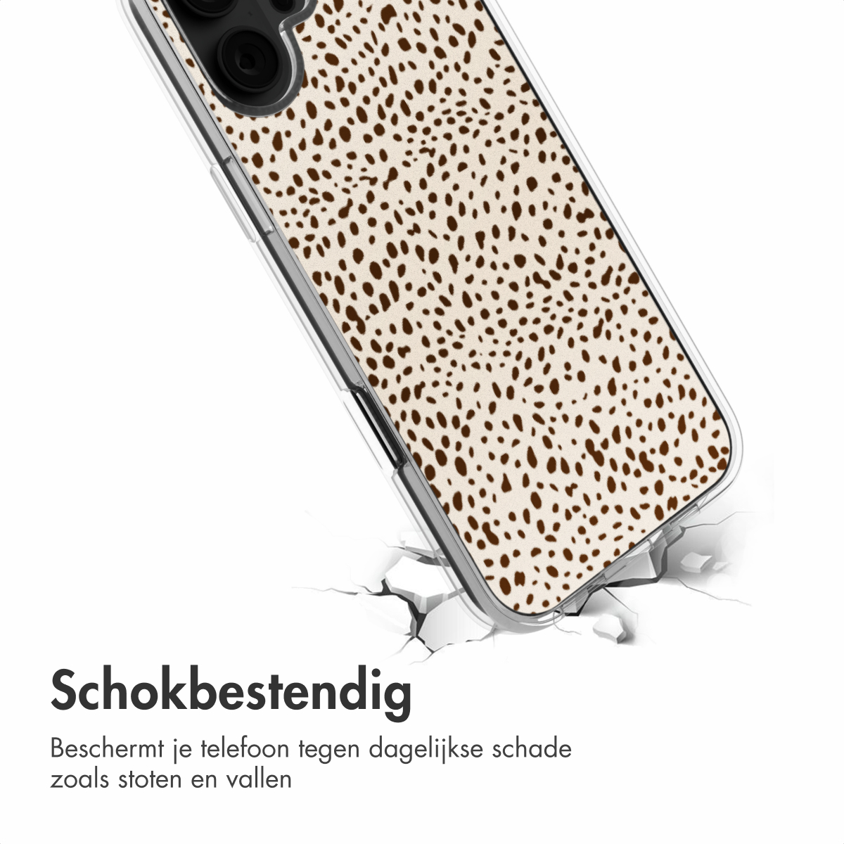 Handyhülle mit braunem Punktmuster, rissiger Boden. Text: Stoßfest.