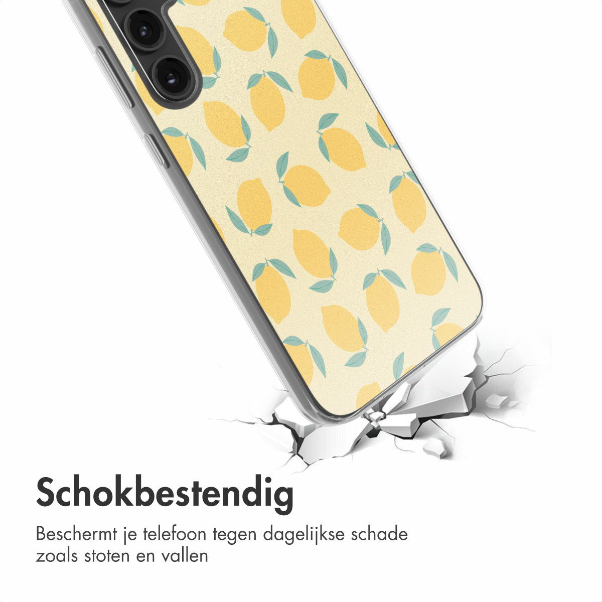 Telefoonhoesje met citroenpatroon dat beton breekt. Gele citroenen en groene bladeren op een lichtgele achtergrond.