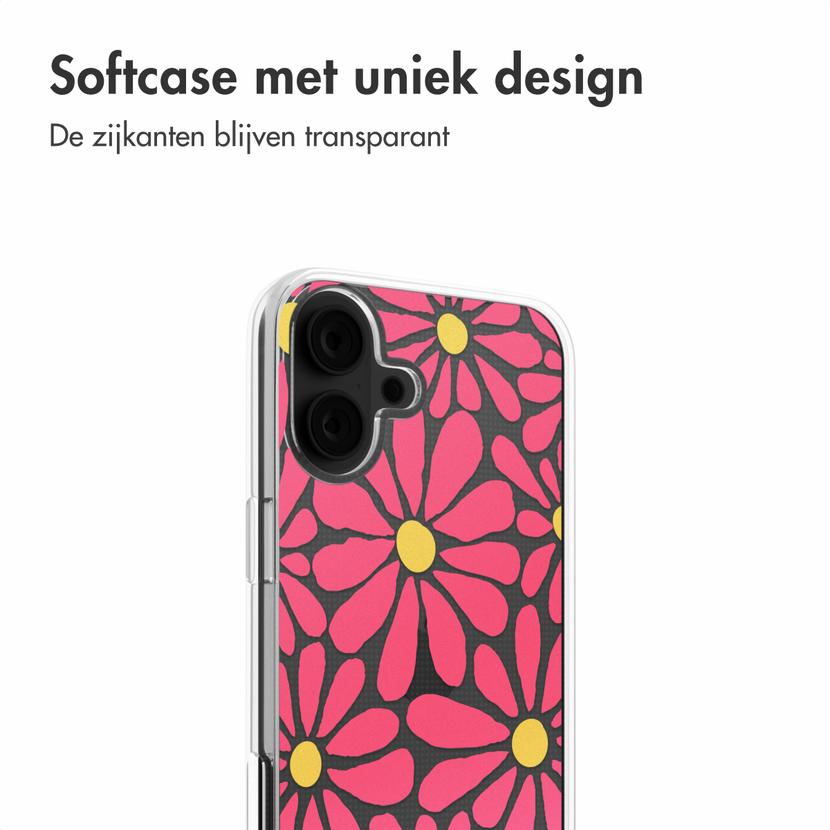 Smartphone in einer transparenten Hülle mit rosa Blumenmuster. Text: Softcase mit einzigartigem Design.