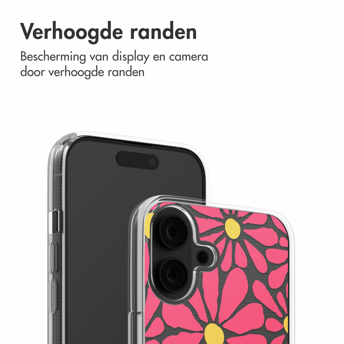 Telefon mit floraler Hülle. Text oben über erhöhte Kanten.