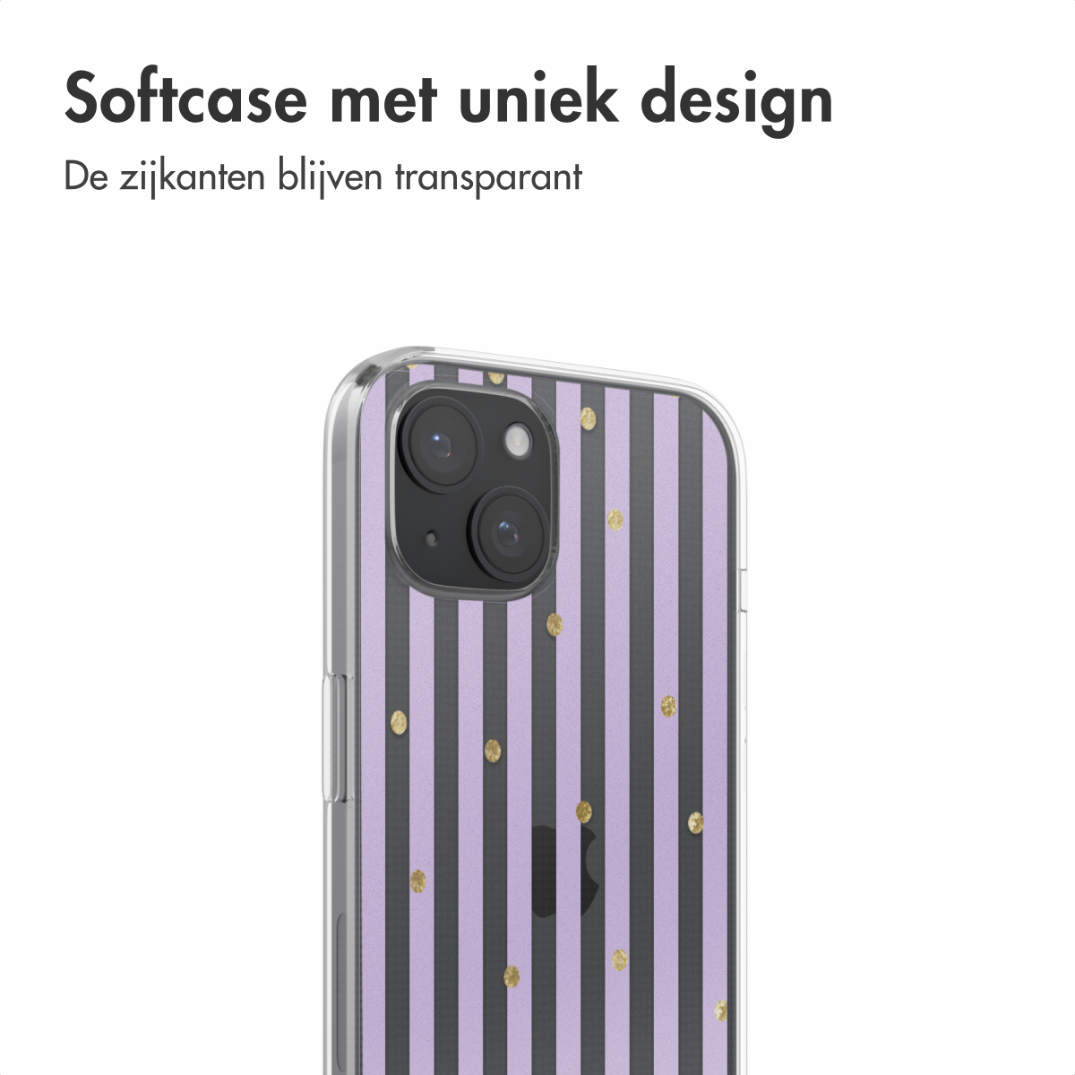 Een telefoonhoesje met verticale strepen en gouden stippen. De zijkanten zijn transparant.