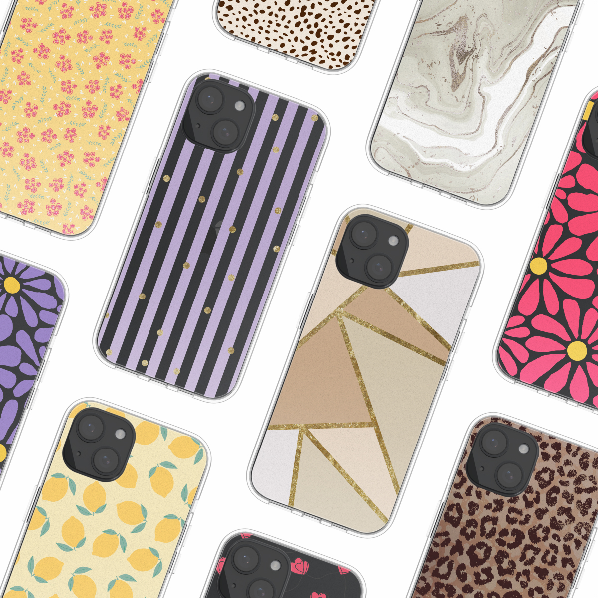 Verschillende telefoonhoesjes met patronen: bloemen, strepen, marmer, luipaard en geometrische ontwerpen.