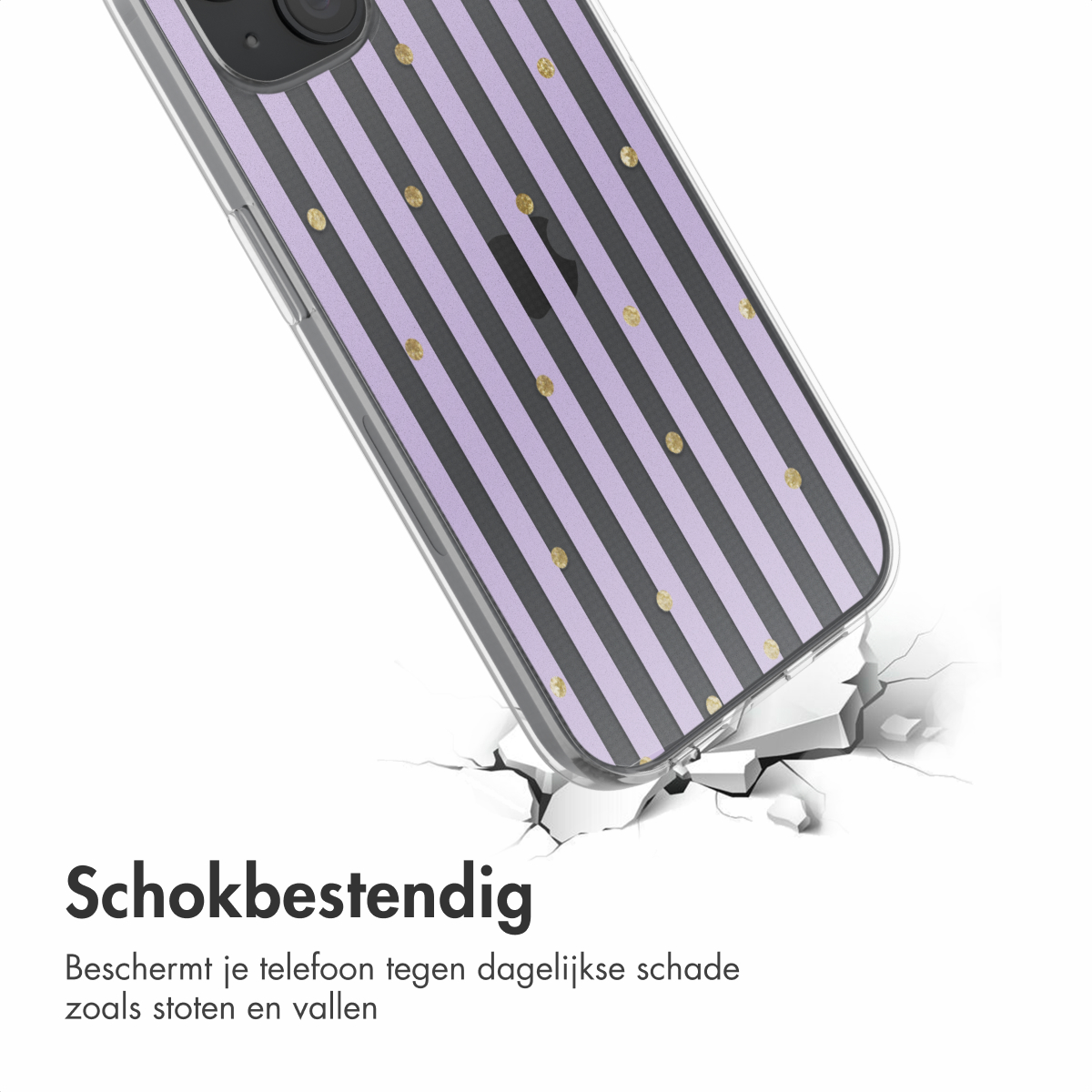 Telefoonhoesje met strepen, valt op een oppervlak en veroorzaakt scheuren. Tekst: Schokbestendig.