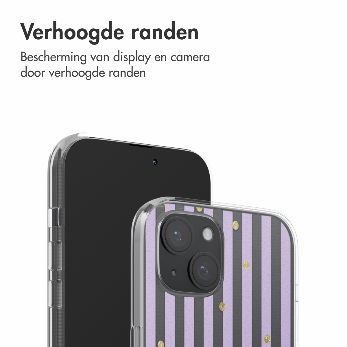 Telefoon met hoes, streepjesdesign, verhoogde randen. Tekst: Verbeterde bescherming.