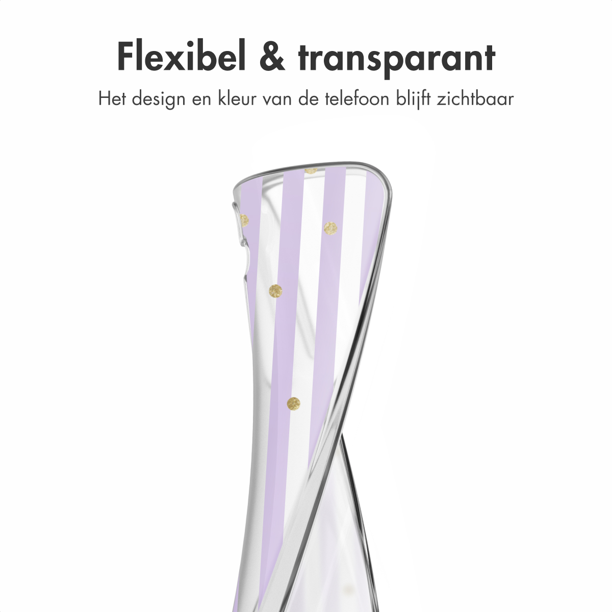 Une coque de téléphone avec des rayures violettes et des pois dorés, sur fond blanc, avec un téléphone à l'intérieur.