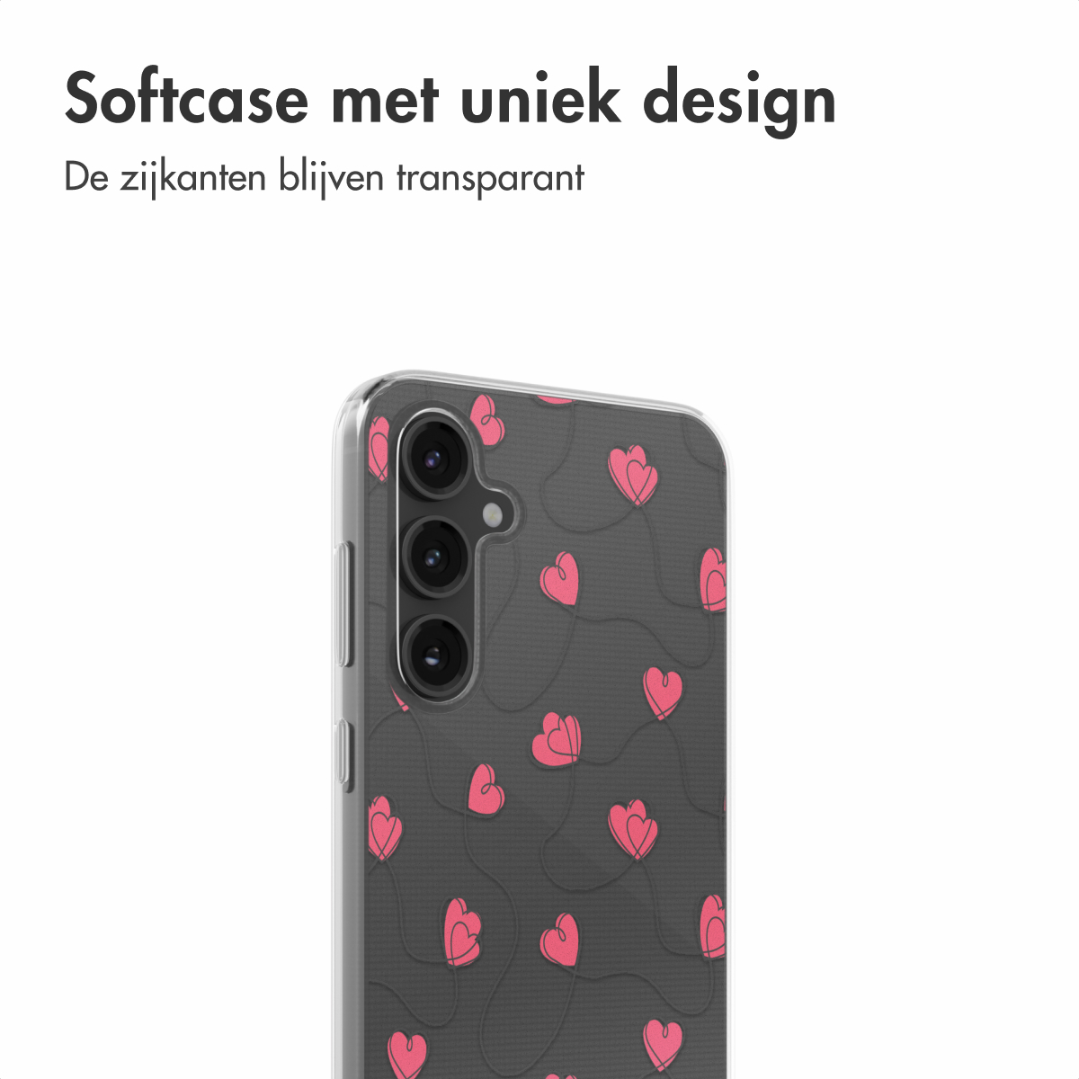 Telefoonhoesje met roze hartjespatroon. Tekst beschrijft softcase met uniek design en transparante zijkanten.
