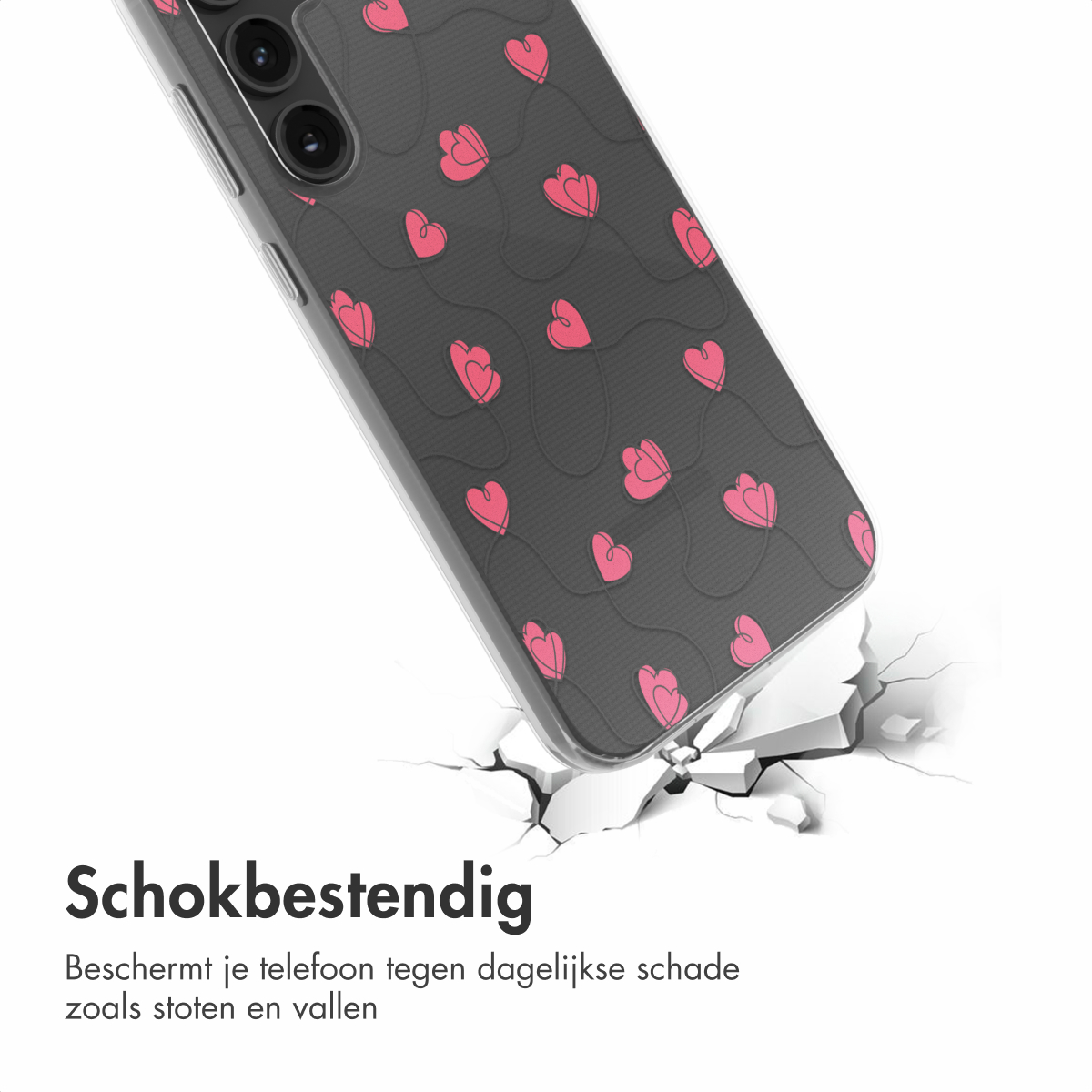 Een telefoonhoesje met een hartpatroon, dat een oppervlak kraakt. Tekst vermeldt schokbestendigheid om te beschermen tegen dagelijkse schade.