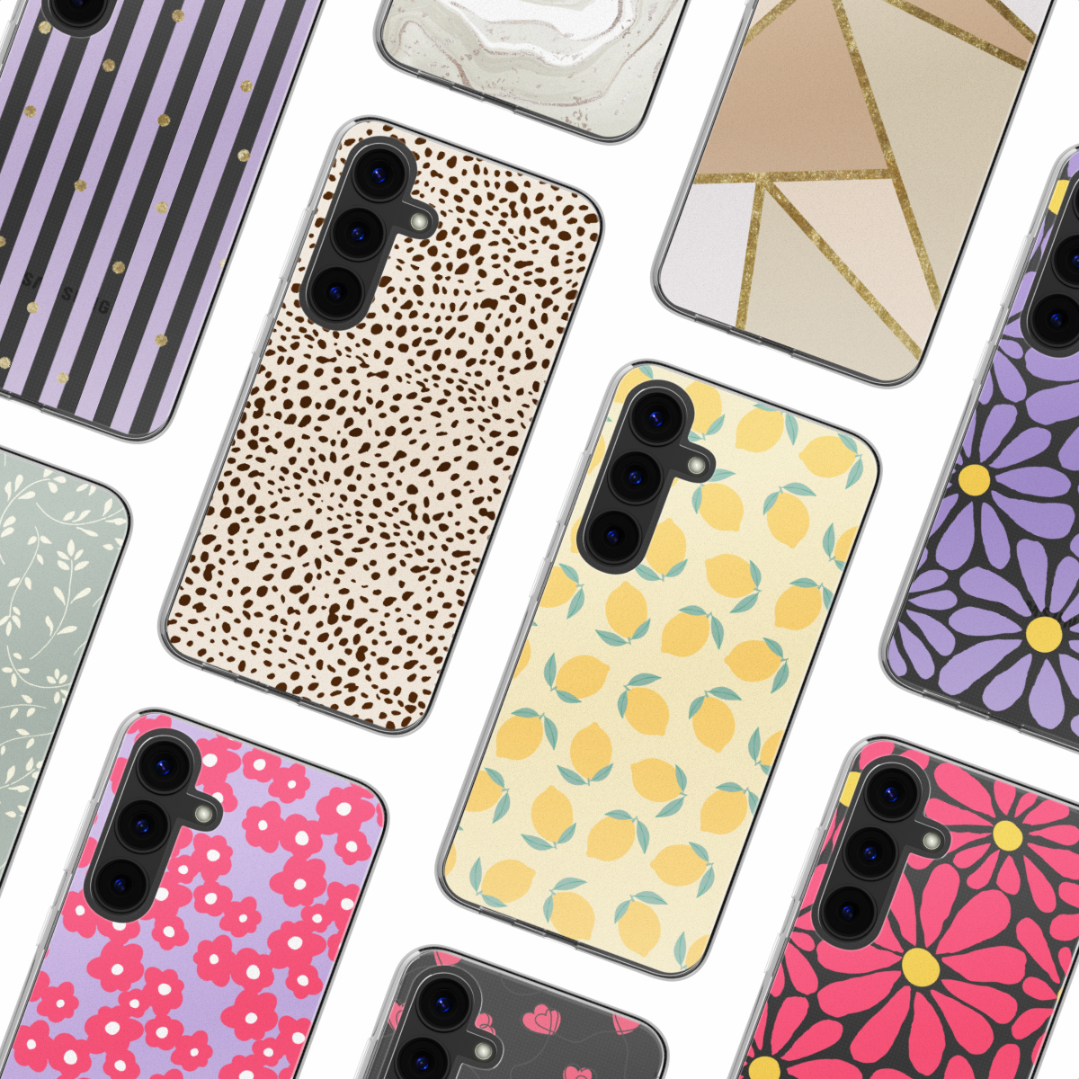 Collection d'étuis pour téléphones avec divers motifs : rayures, pois, fleurs, citrons et marbre. Différentes couleurs.