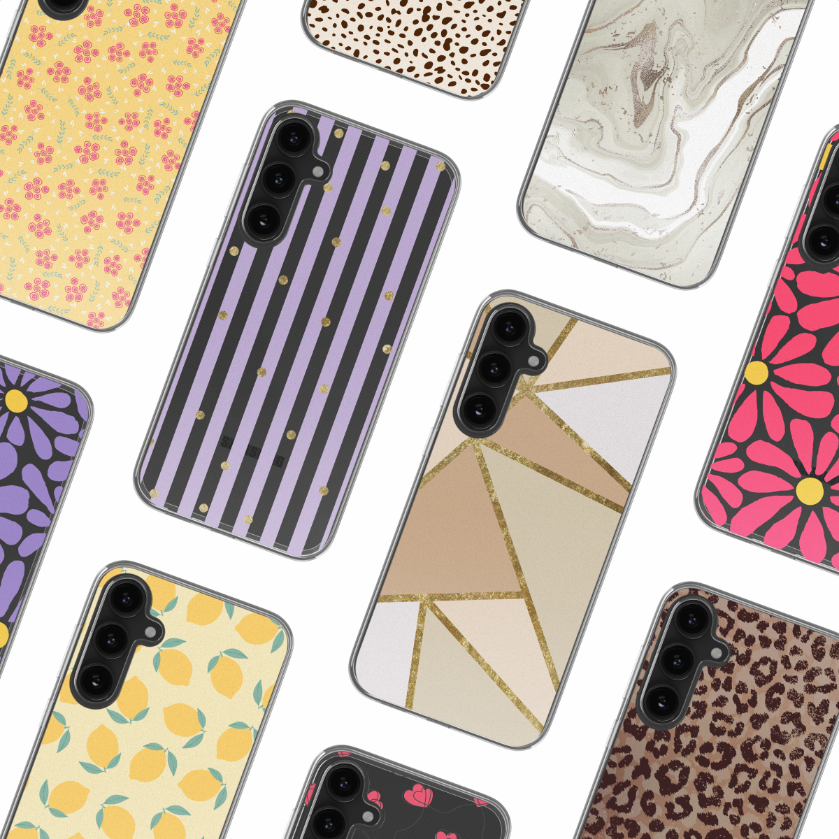 Assortiment telefoonhoesjes met diverse patronen. Strepen, bloemen, geometrische en dierenprints.