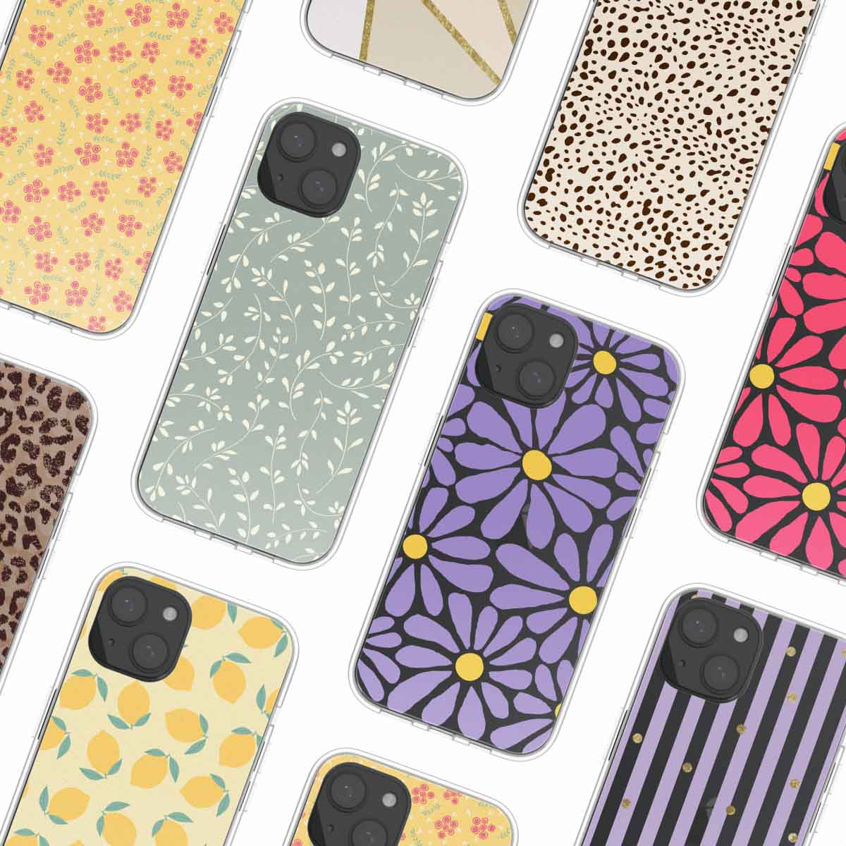 Meerdere telefoonhoesjes met verschillende patronen: bloemen, bladeren, luipaardprint, madeliefjes, strepen en citroenen.