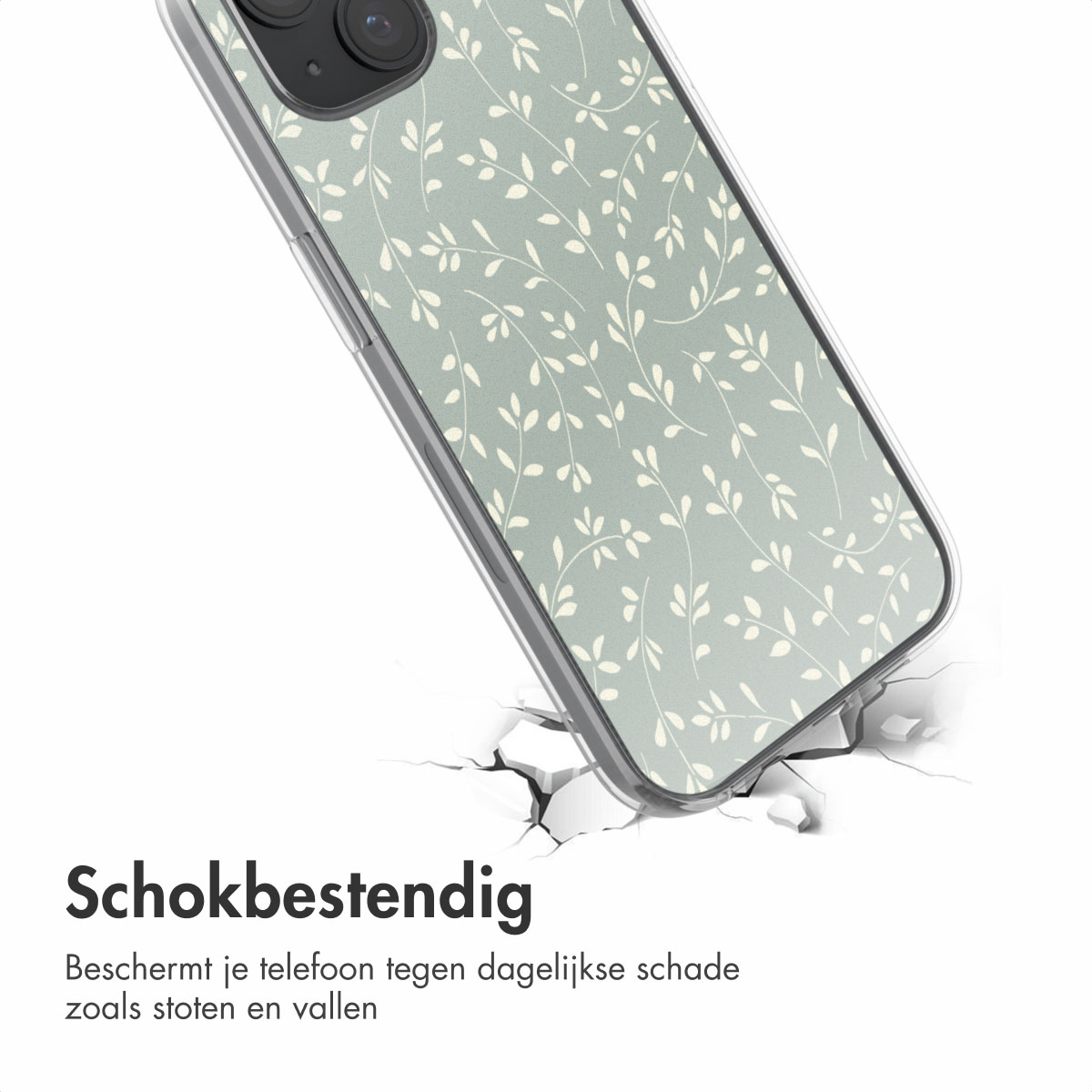 Telefoonhoesje met een bloemenpatroon, dat een vallende telefoon en een barstend oppervlak toont.