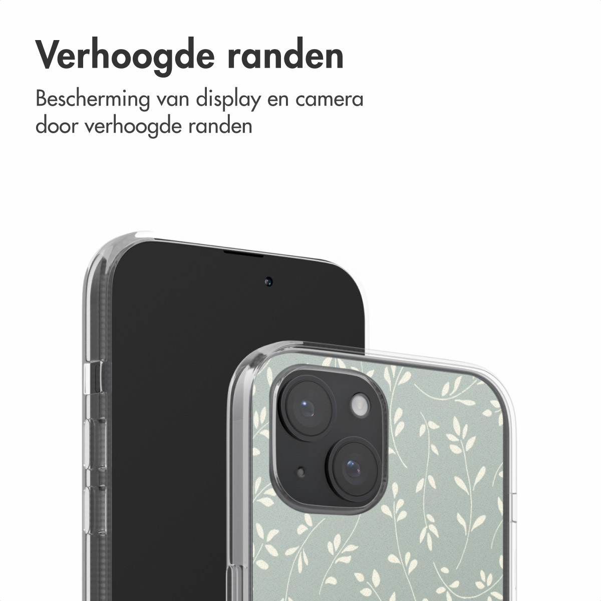 Telefoon met een bloemmotief hoesje, met scherm omhoog, tegen een witte achtergrond.