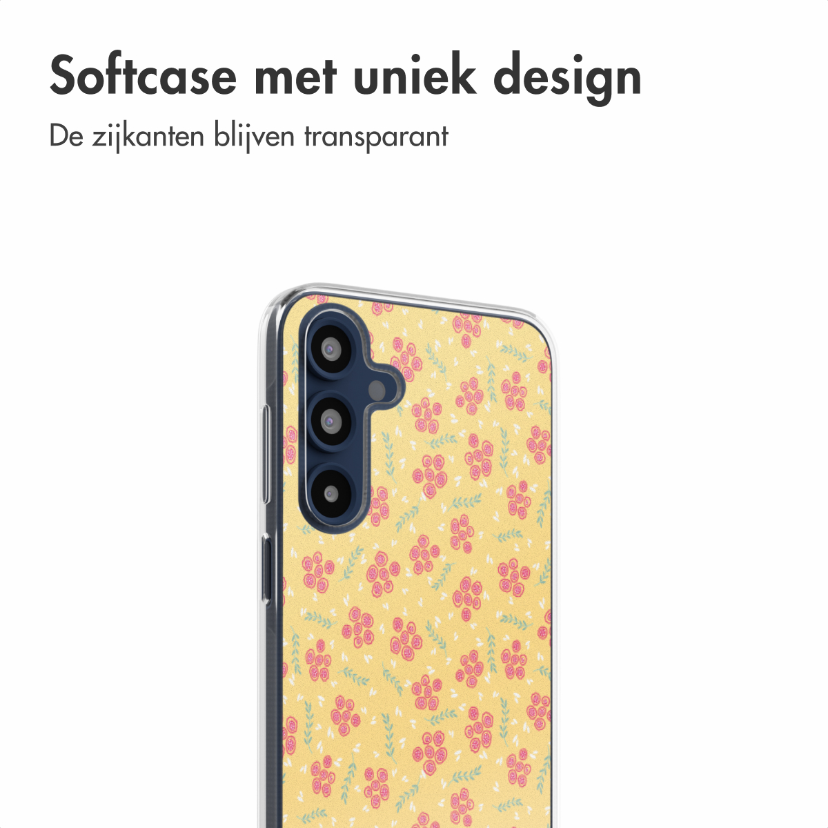 Telefoonhoesje met een geel bloemenpatroon en een transparante rand. De camera is zichtbaar.