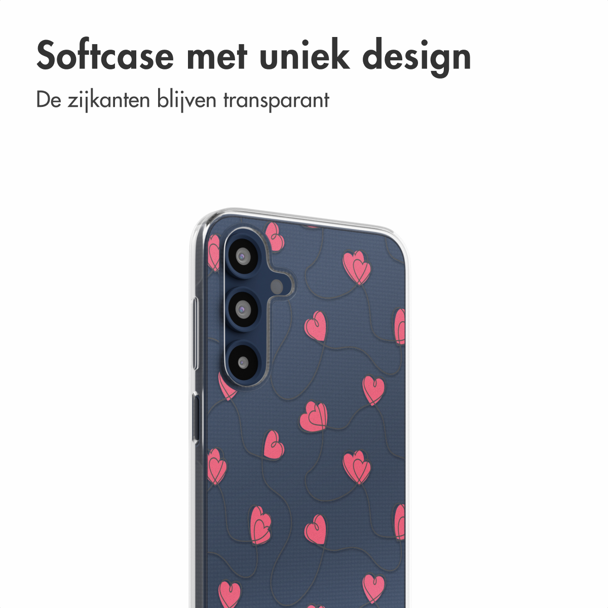 Een telefoonhoesje met een blauw achtergrond hart ontwerp, het ontwerp is zichtbaar.