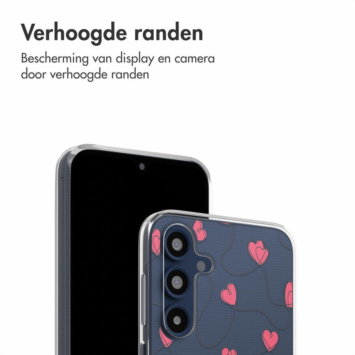 Twee telefoons: Eén zwart, de ander met blauw hartjespatroon. Tekst: 'Verhoogde randen'.