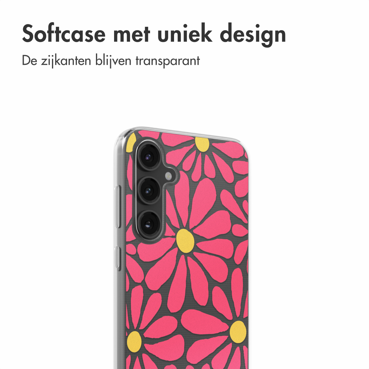 Transparante telefoonhoes met roze bloemenpatroon. Camera zichtbaar. Witte achtergrond.