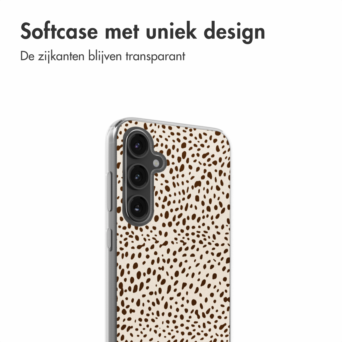Een close-up van een telefoonhoesje met een luipaardprint, tegen een witte achtergrond.