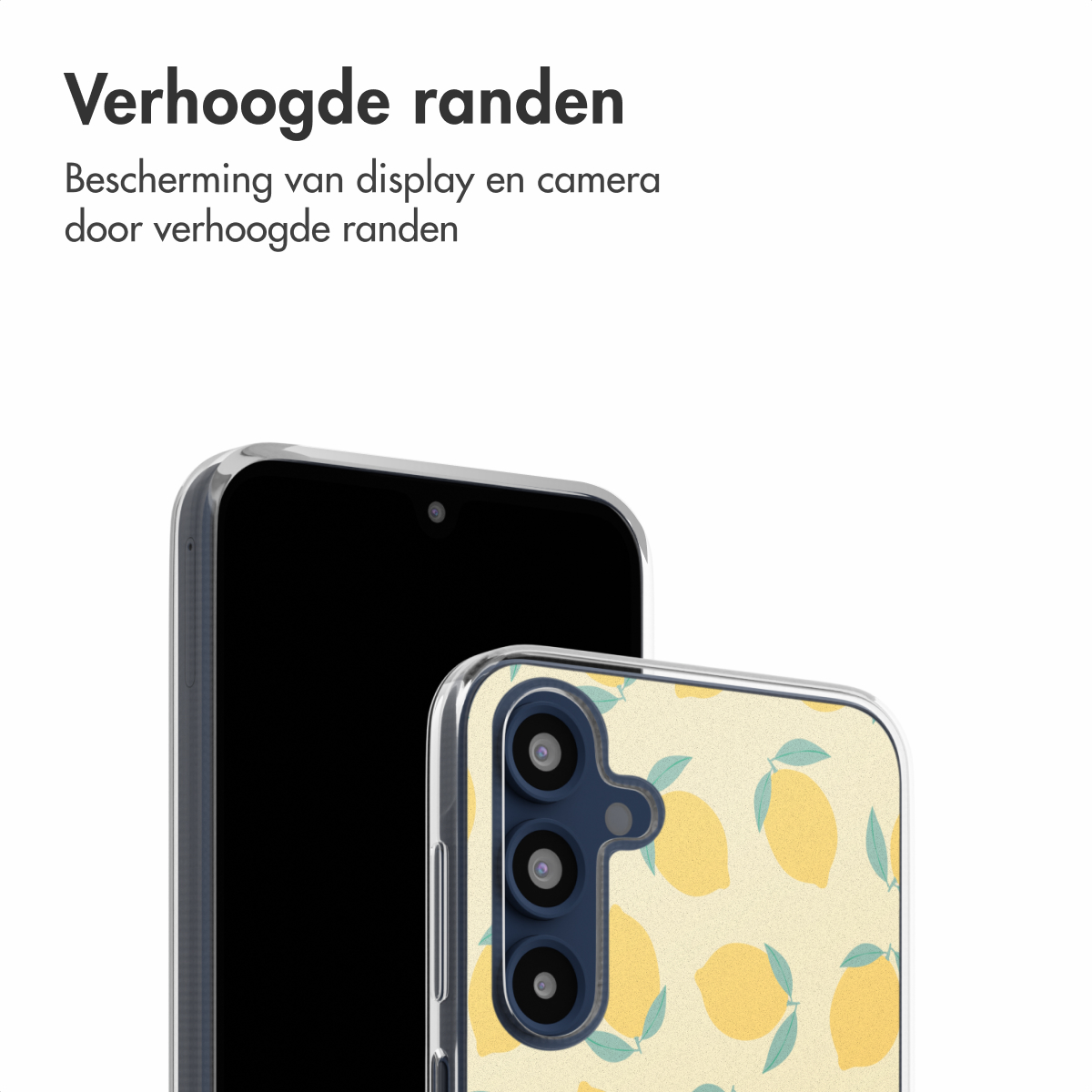 Telefoon en telefoonhoesje, transparant hoesje met citroenen, witte achtergrond.