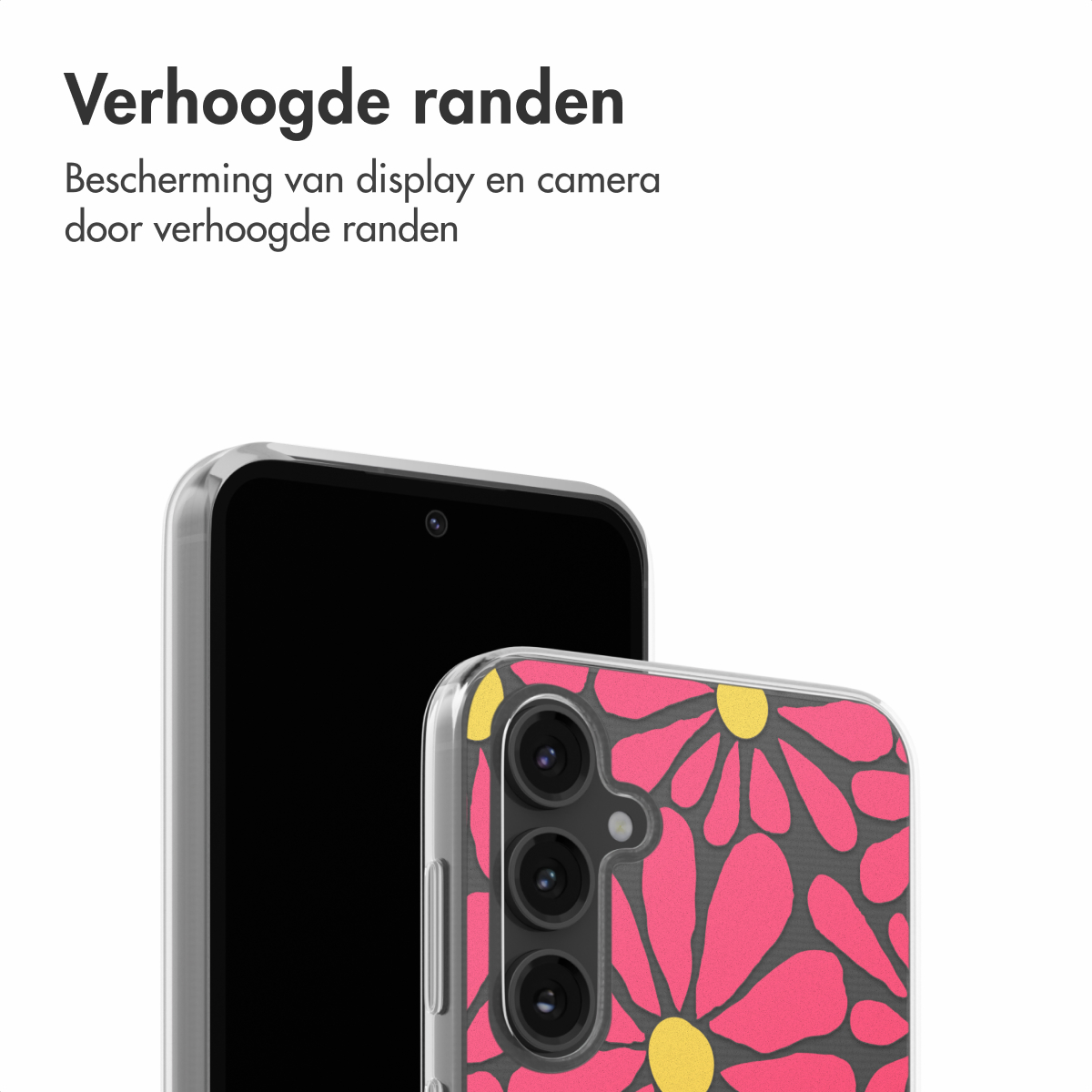 Telefoonhoes naast een telefoon. De hoes heeft een bloemenontwerp. Tekst: Verhoogde randen.