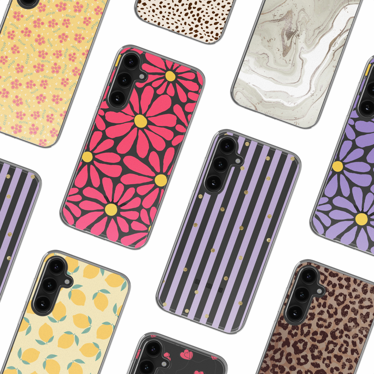 Collectie telefoonhoesjes met verschillende designs, waaronder bloemen, gestreept en gestippeld.