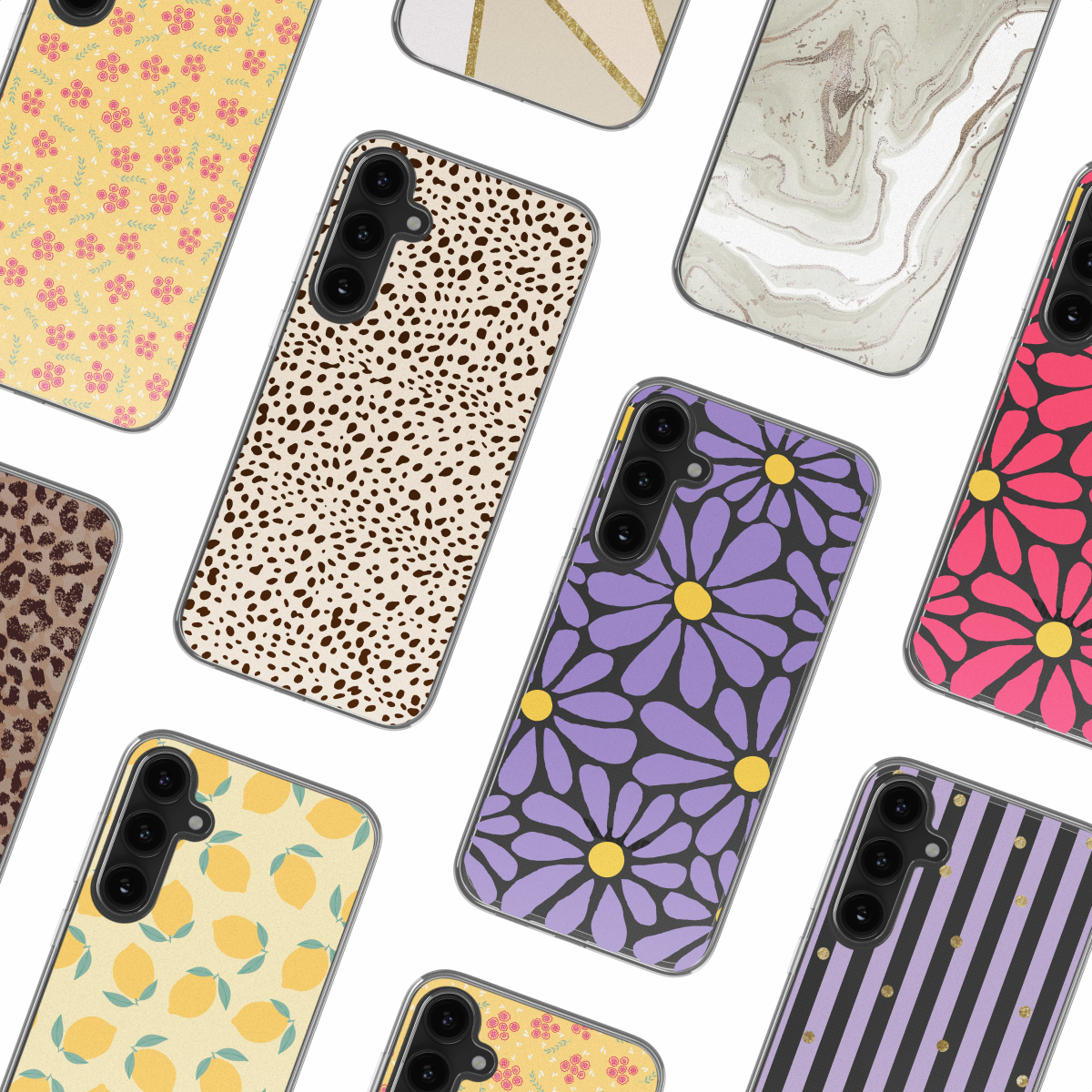 Verschillende telefoonhoesjes met diverse patronen: luipaard, bloemen, citroenen en meer.
