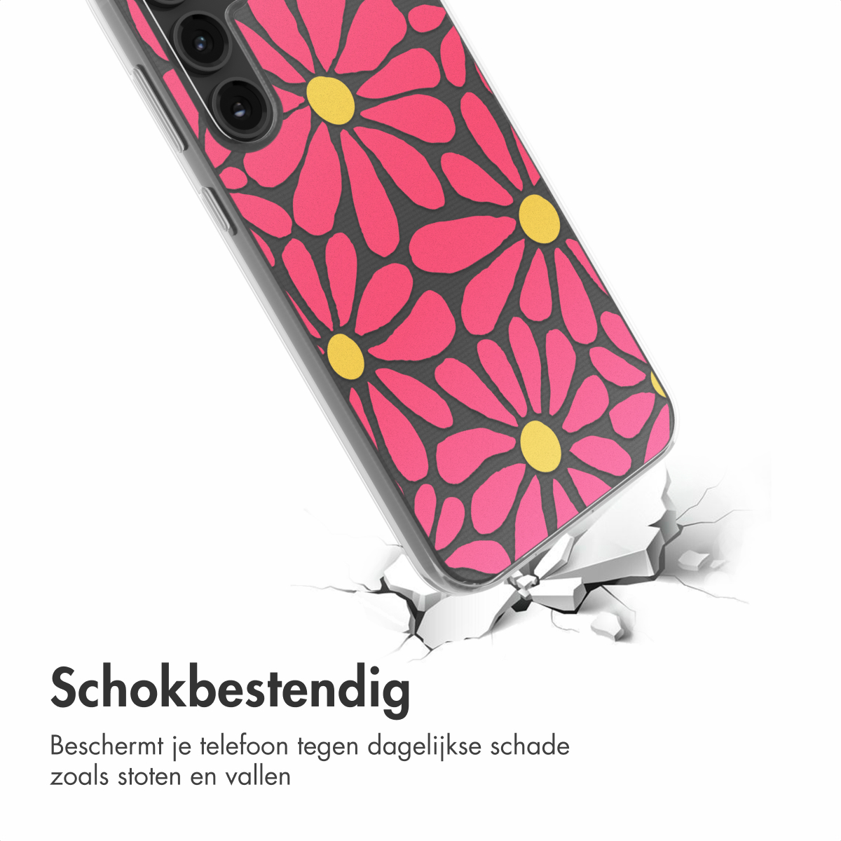 Een telefoonhoesje met een roze madeliefjesontwerp ligt op een oppervlak met scheuren.