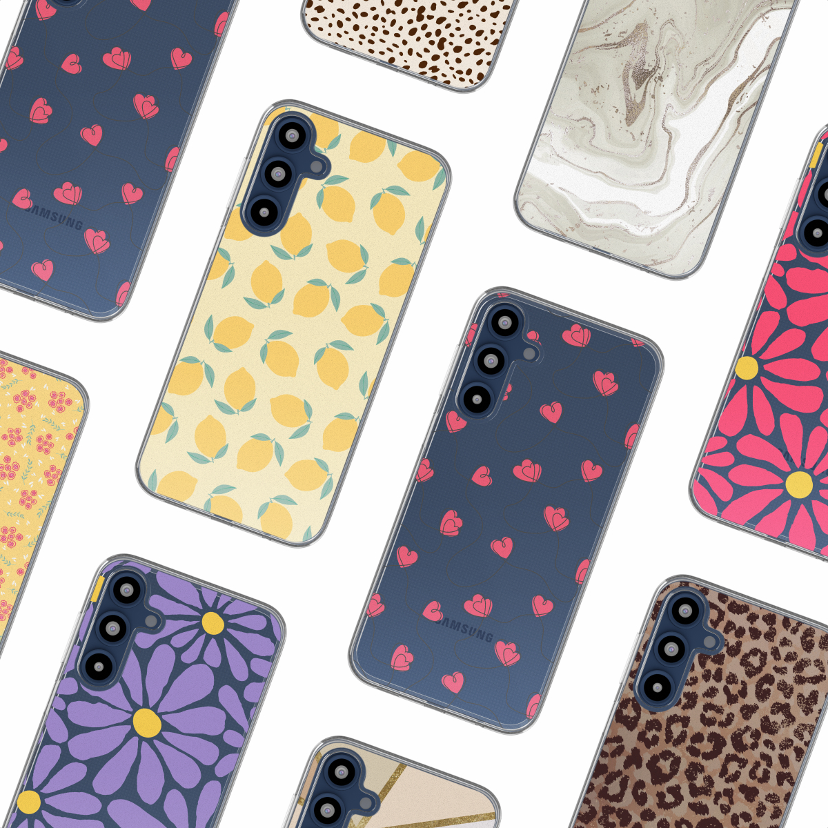 Verschillende telefoonhoesjes met diverse patronen: luipaard, bloemen, citroenen en meer.