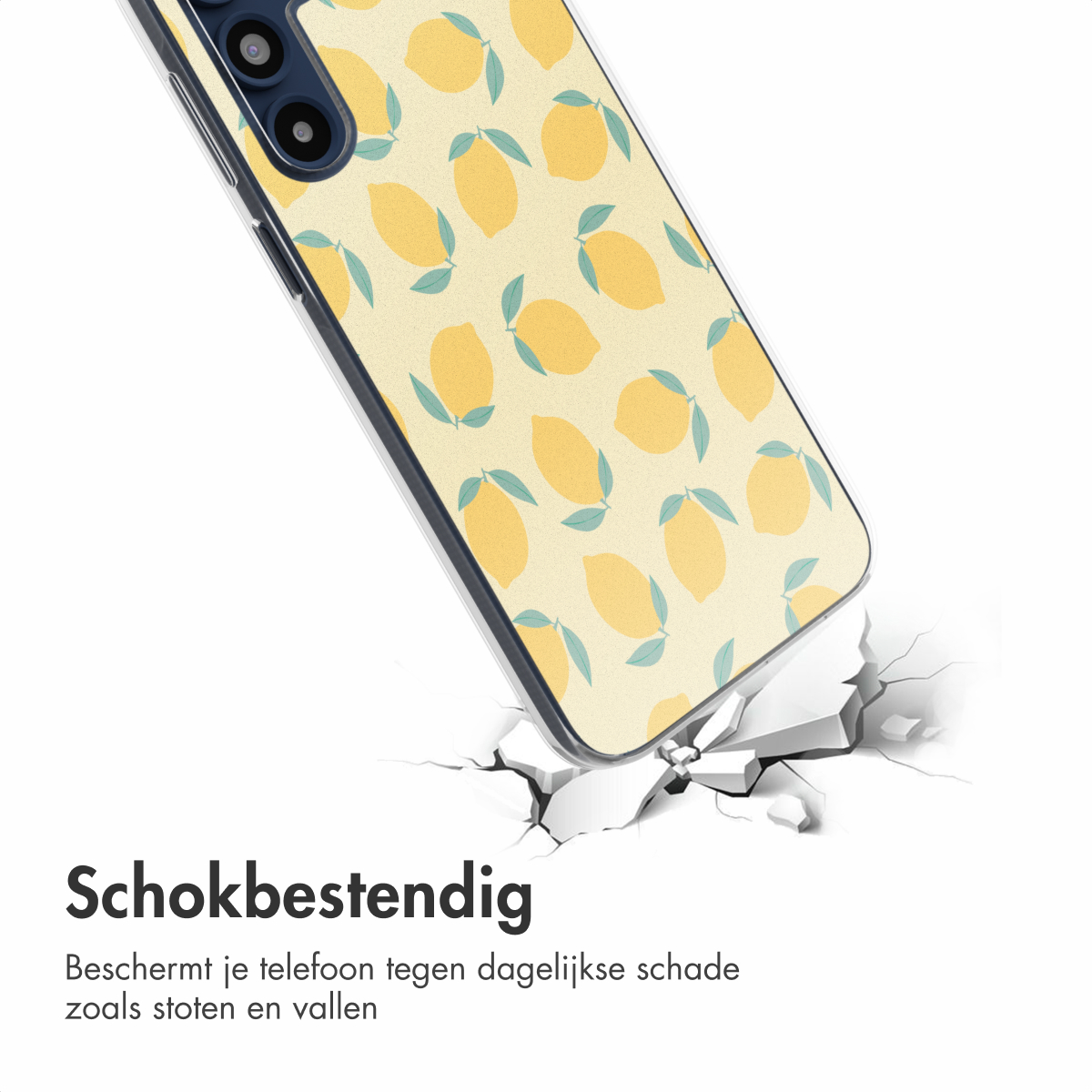 Telefoonhoesje met citroenpatroon. Hoesje barst een oppervlak. Witte achtergrond.